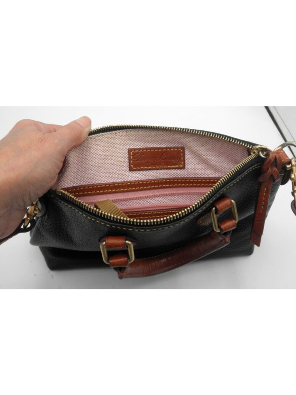 Dooney & Bourke Black Pebbled Leather Brown Accents Crossbody Satchel Handles - Picture 6 of 16